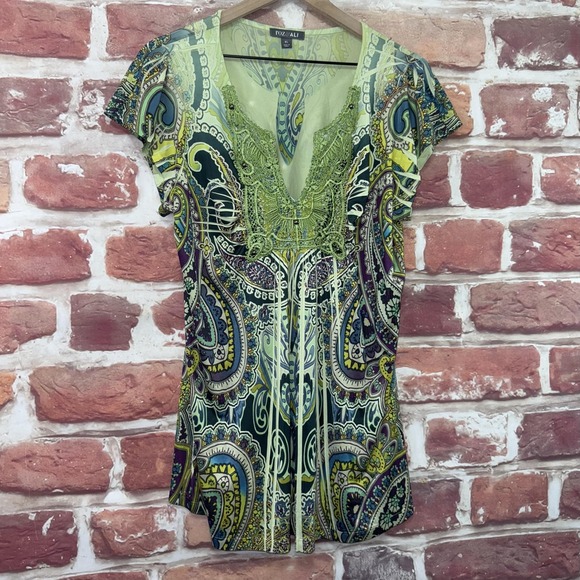 Roz & Ali Top Womens XL Green Multicolor Boho Floral Abstract Casual Tunic Shirt - Picture 2 of 8